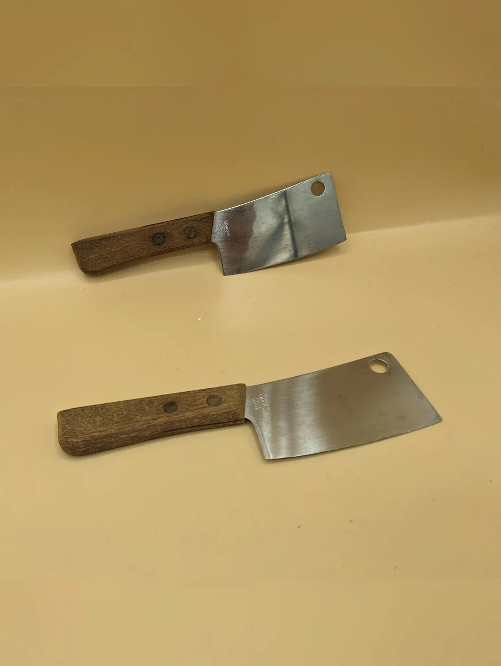 Vintage Mini Cleaver Cheese Slicer Set Of 2 Wood handle Stainless Pre-owned